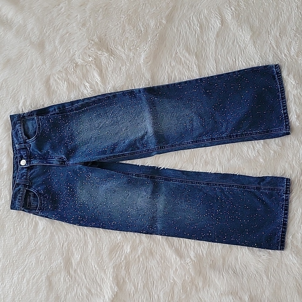 Justice Sparkle Rhinestone Wide Leg Dark Wash Girls Jeans Size 12 Slim